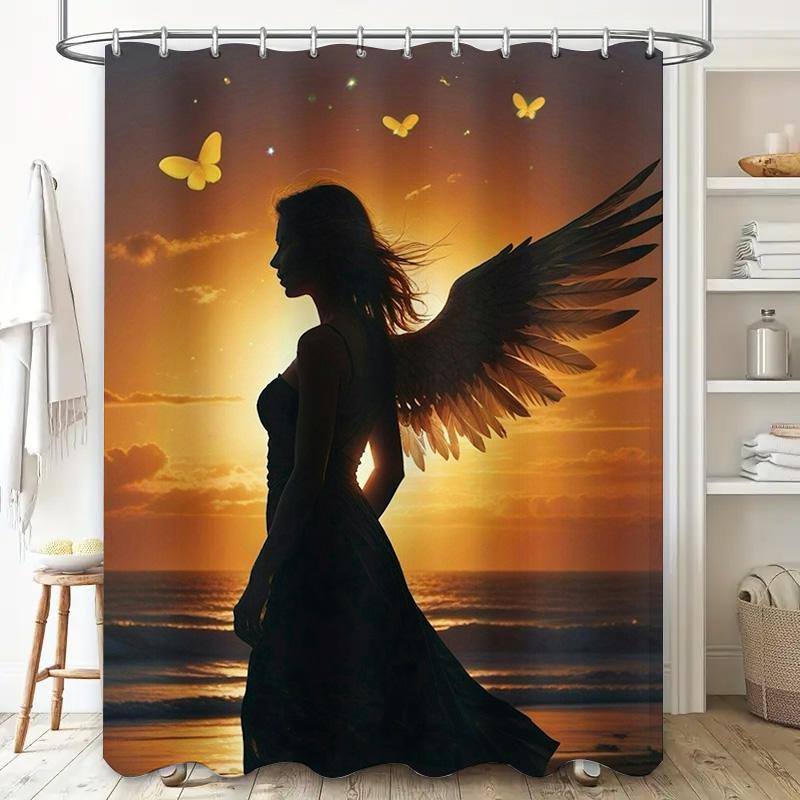 Angel Silhouette At Sunset Waterproof Shower Curtain