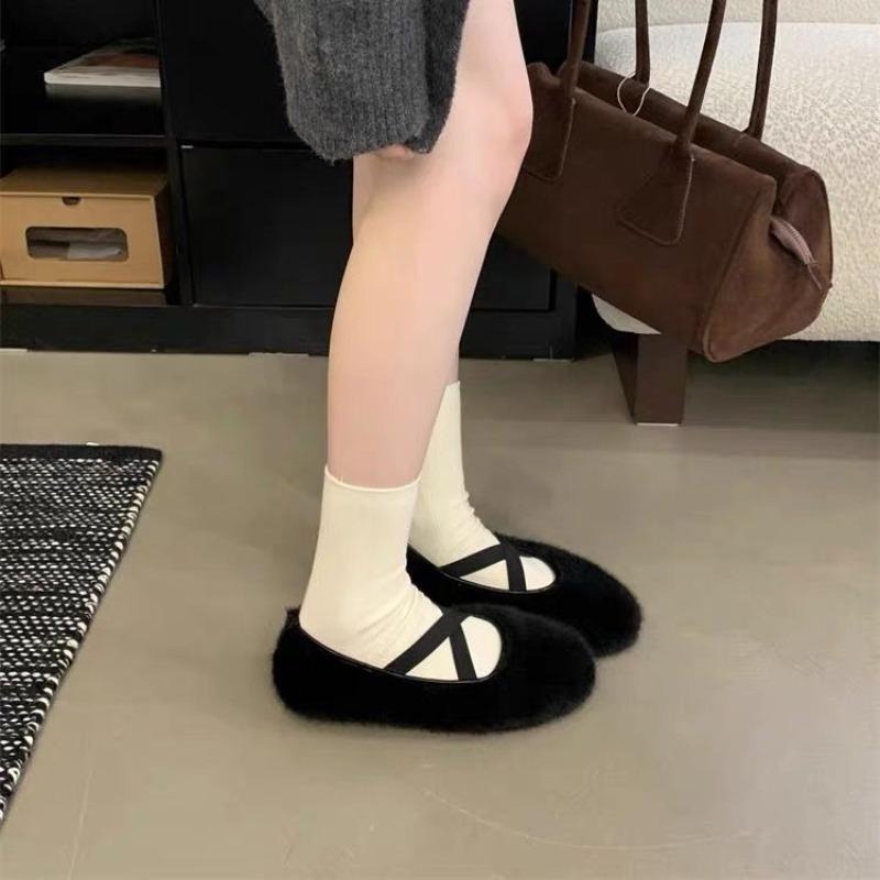 Female Elastic Band Footwear Women Ballet Flats Shoes Fashion Furry Warm Shallow Round Toe Ladies Mary Janes Flats Fur Shoes
