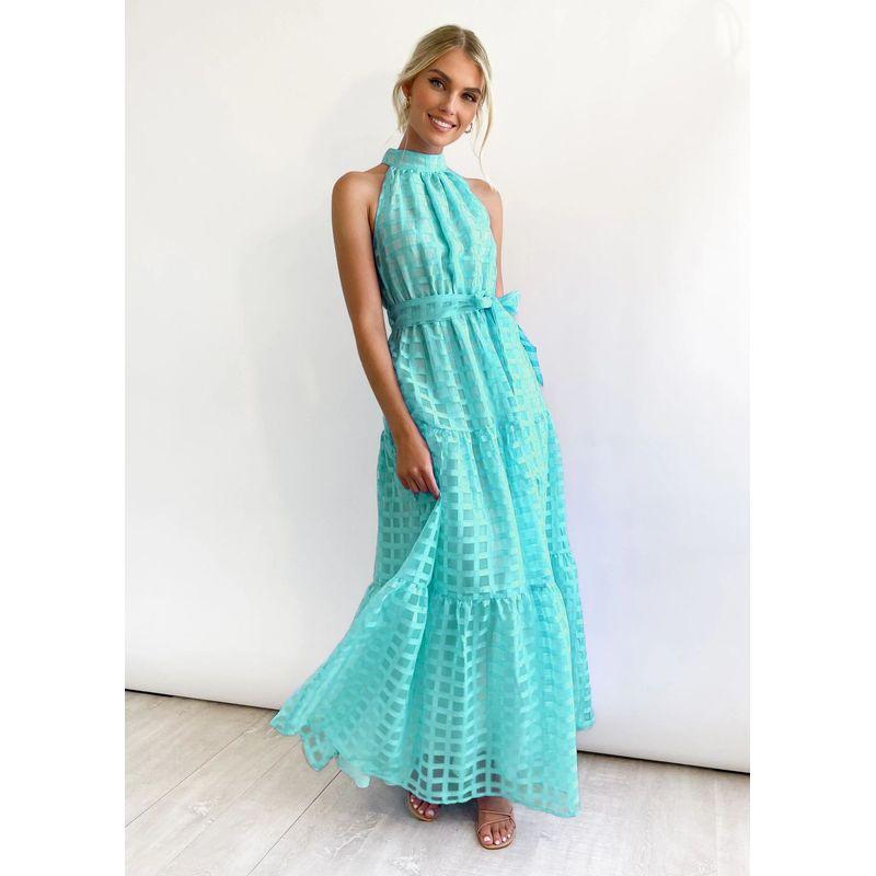 

Hanging Neck and Waist Cinching Dress Pure Color Halter Waist-Tight Long Dress Cyan L