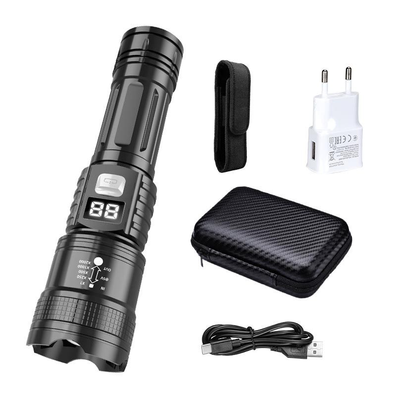 Rechargeable LED Flashlight Zoomable Torch with LCD Display 3 Modes Waterproof High Power Hand Light Outdoor Wilderness Camping