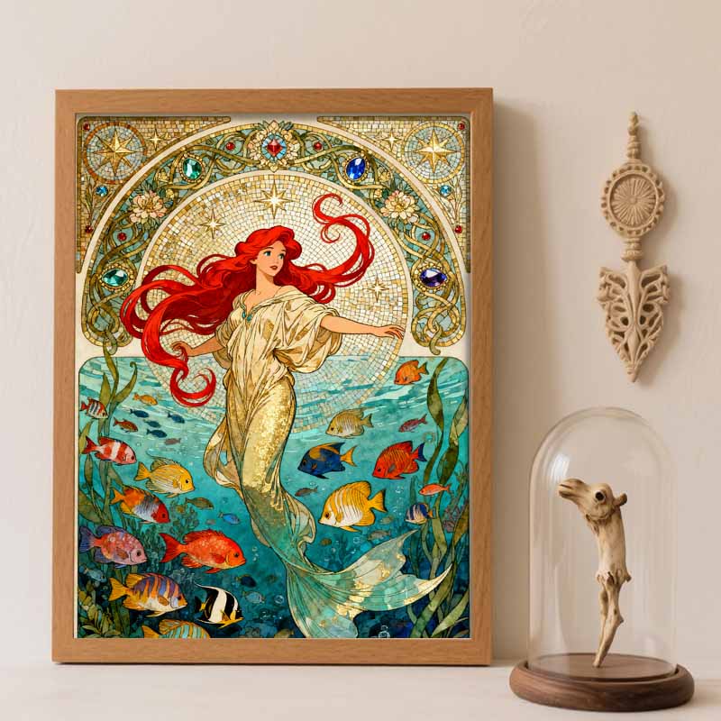 Disney 5d diamond painting, mermaid and fish diamond art painting diy handmade sticker gift, home decoration painting Round 20x30cm