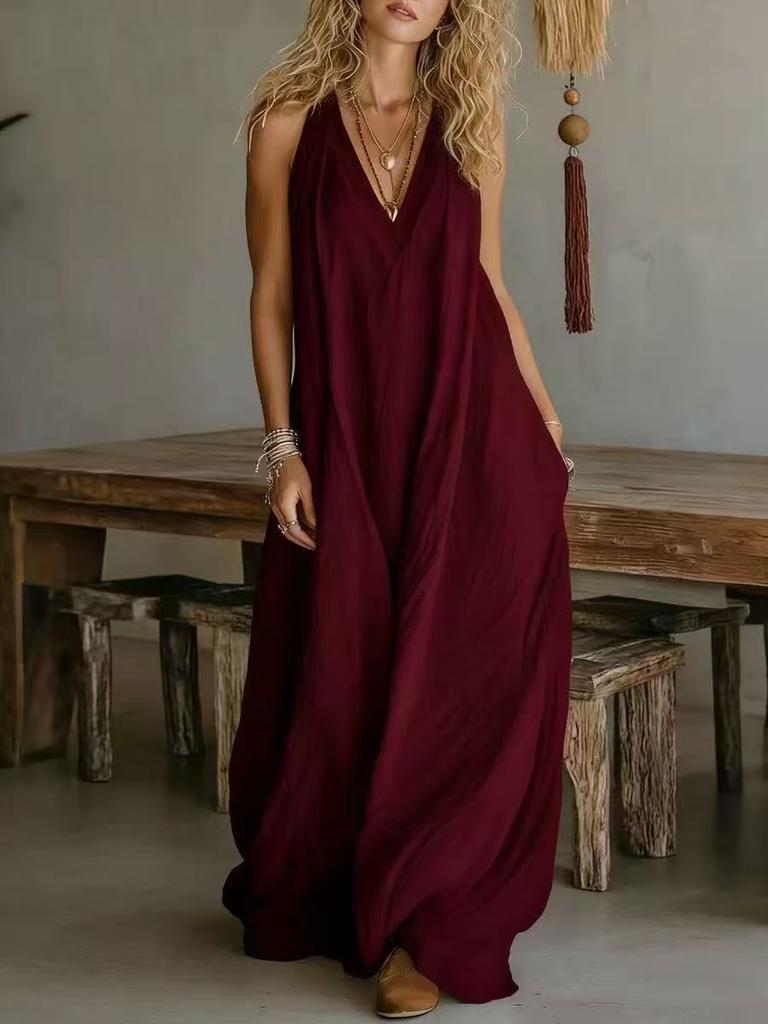 Damen Sommer Locker Ärmellos Schickes Maxikleid, Einfarbig Patchwork Elegantes Partykleid Lässig Einfach V-Ausschnitt Damenkleider
