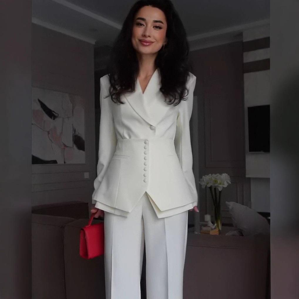 European and American Cross-border Women's Wear, Professional Commuter Suit, Buttoned Jacket, Straight-leg Pants, Fashionable Casual Waist Seal Set