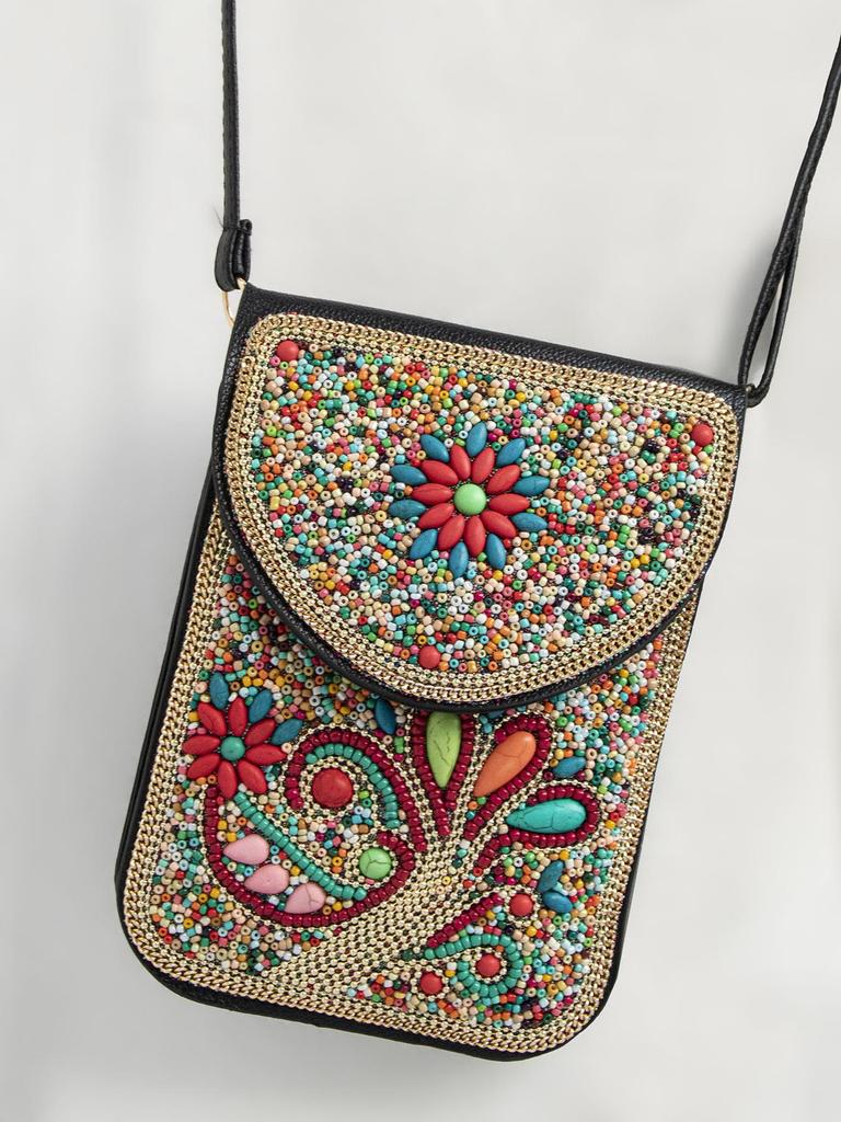 Bohemian Ethnic Shoulder Bag with Rice Beads, Shell Mobile Pocket, Floral PU Design, Women's Crossbody for Travel Photography.