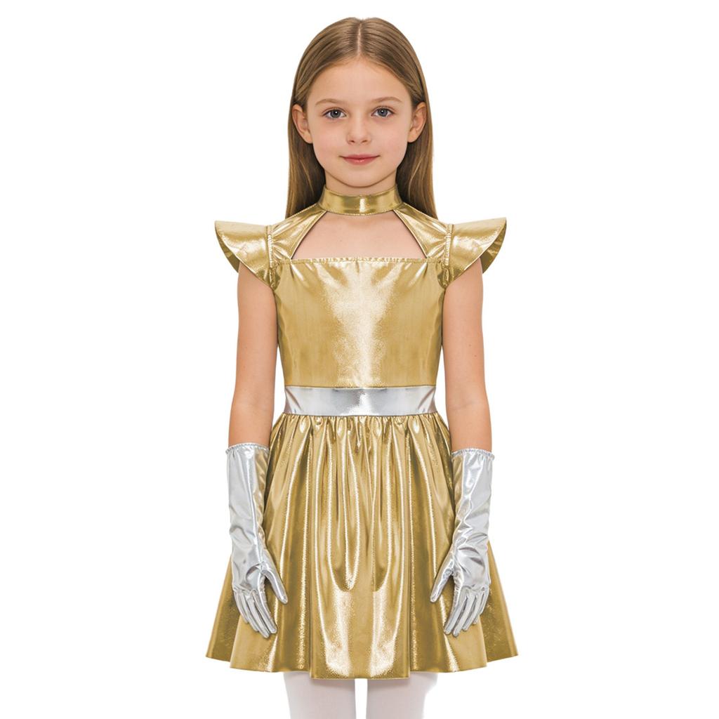 Kinderen Meisjes Buitenaards Cosplay Kostuum Uitgesneden Vliegende Mouw Metallic A-lijn Jurk met Handschoenen voor Halloween Robot Buitenruimte Feest