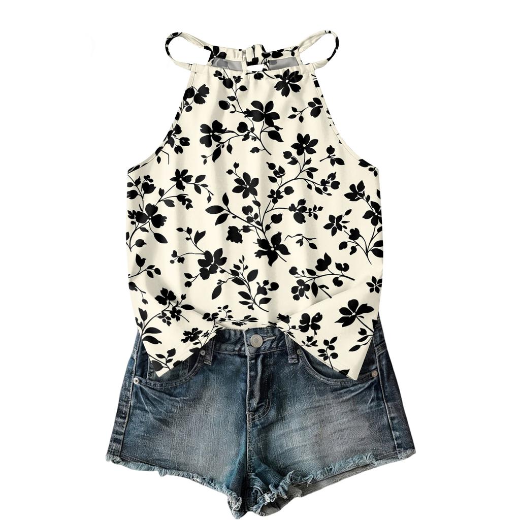 Boho Blumenmuster Ärmelloses Tanktop Leichte Sommer-Freizeitbluse Lockere Passform mit Verstellbaren Trägern für Damen