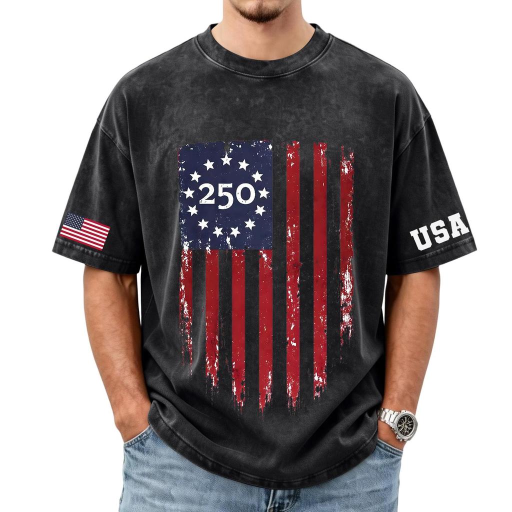 Herren lockeres und lässiges T-Shirt mit Flaggen-Buchstaben-Print - Trendiges gewaschenes kurzärmeliges Oberteil für Herren