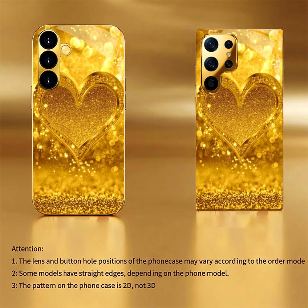 Extra-large golden heart Glass PhoneCase for Samsung Galaxy S26 S25 S24 S23 S22 FE Ultra Plus Built-in glass Gold Exquisite