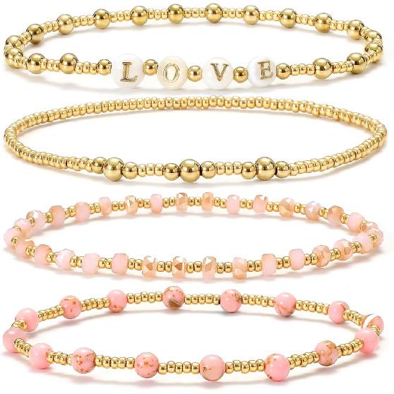 Dainty Gold Plated Pearl Crystal Beaded Bracelets Set for Women 14K Gold Plated Bead Pearl Beads Bracelet Stackable Paperclip Link Chain Bracelets
