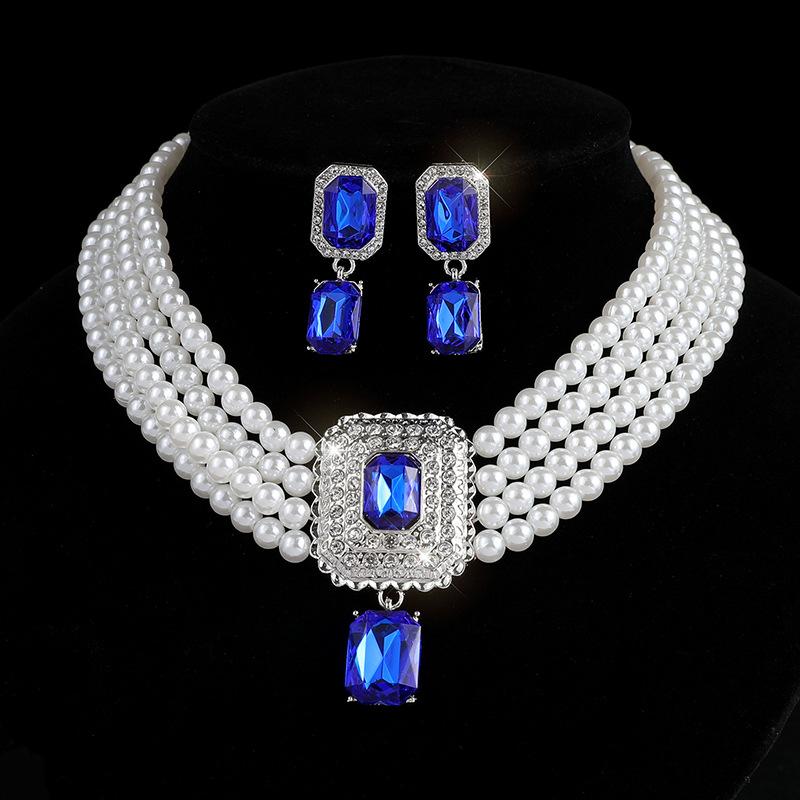 Square gemstone full diamond earrings necklace set choker multi-layer bridal anti-pearl necklace earrings