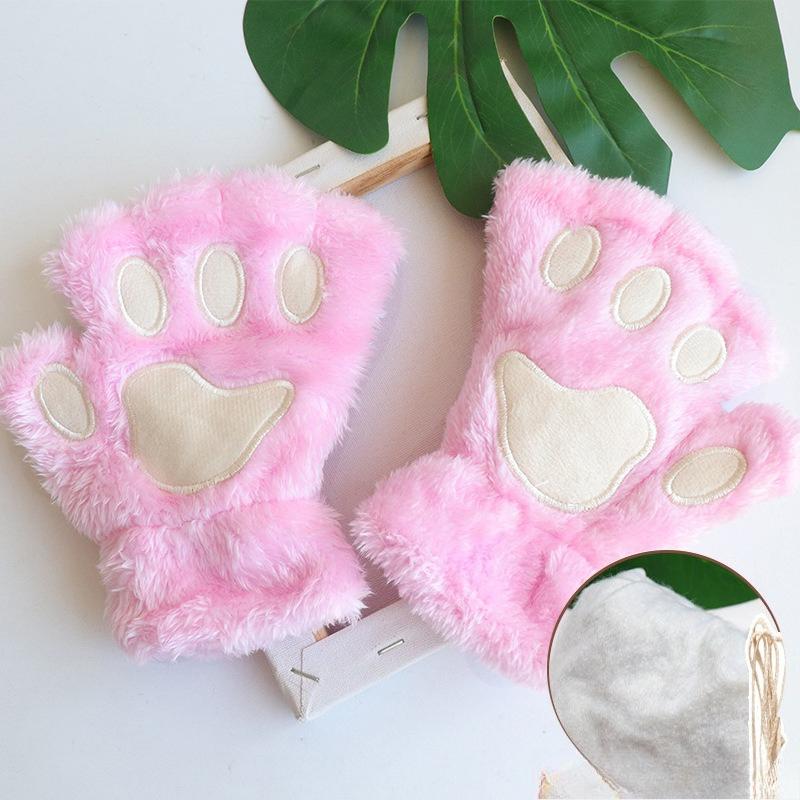 Gants patte de chat dames hiver coréen filles mignonnes sans doigts épais chaud patte d'ours en peluche demi-doigt gants