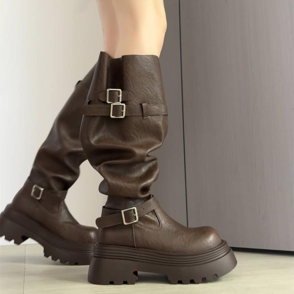 Retro fashion pants boots women's 2025 autumn new thick-soled round head heightening stacking boots but knee boots women