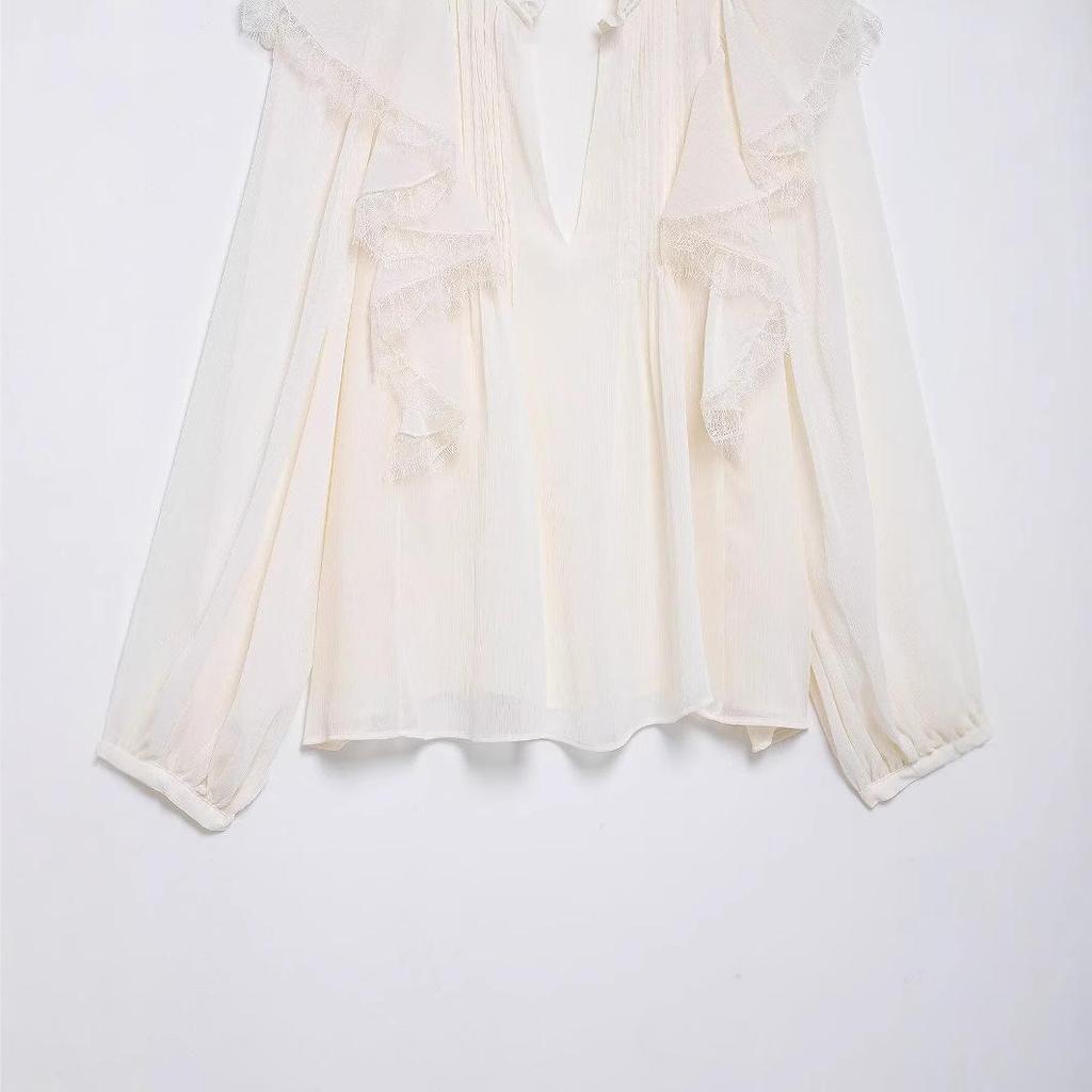 2025 Spring Women's European & American Style Lace V-Neck Long Sleeve Shirt