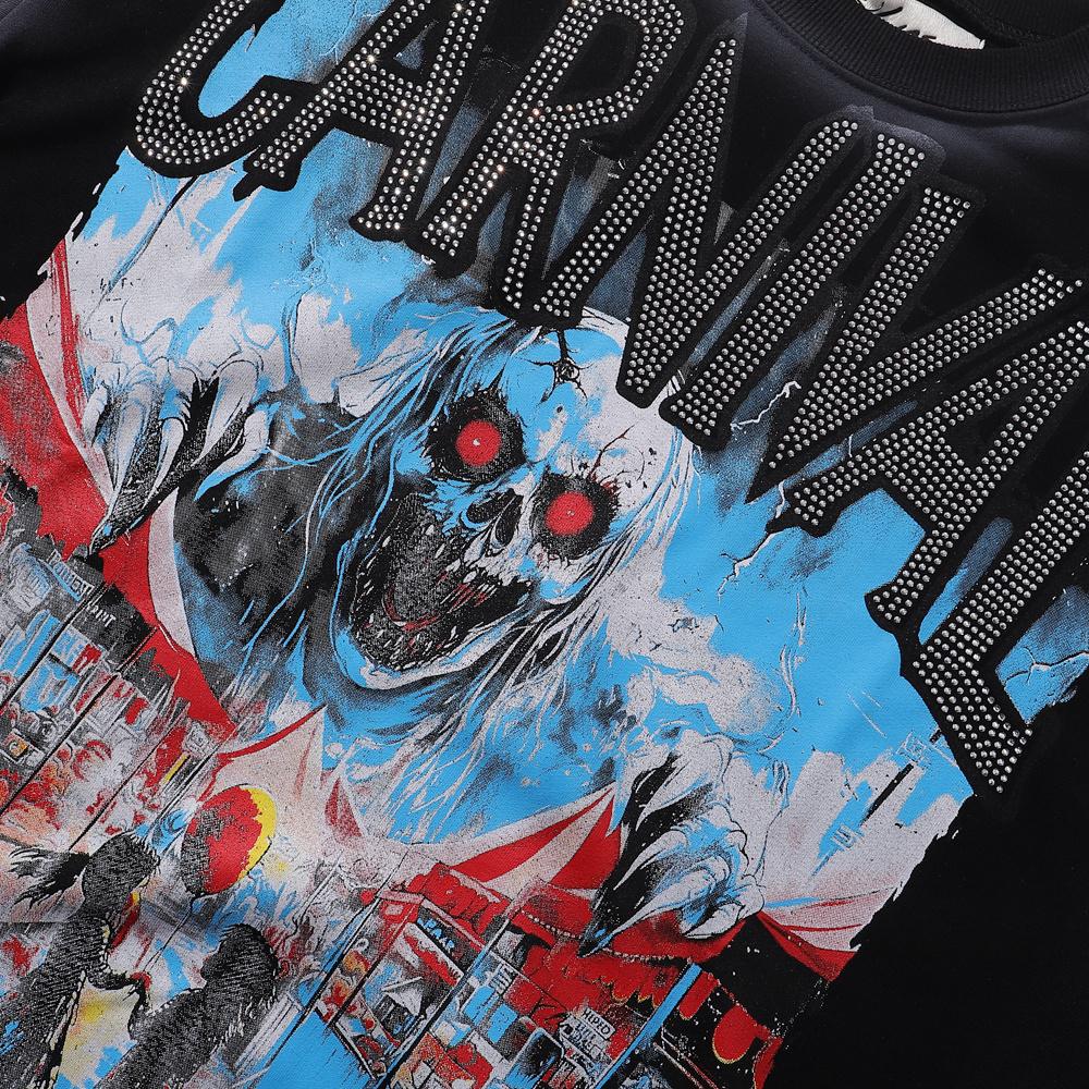 2026 Sommer Herren Oversize T-Shirt, Horror Karneval Totenkopf Print Dunkles Street Kurzarm T-Shirt Mit Strass Buchstaben