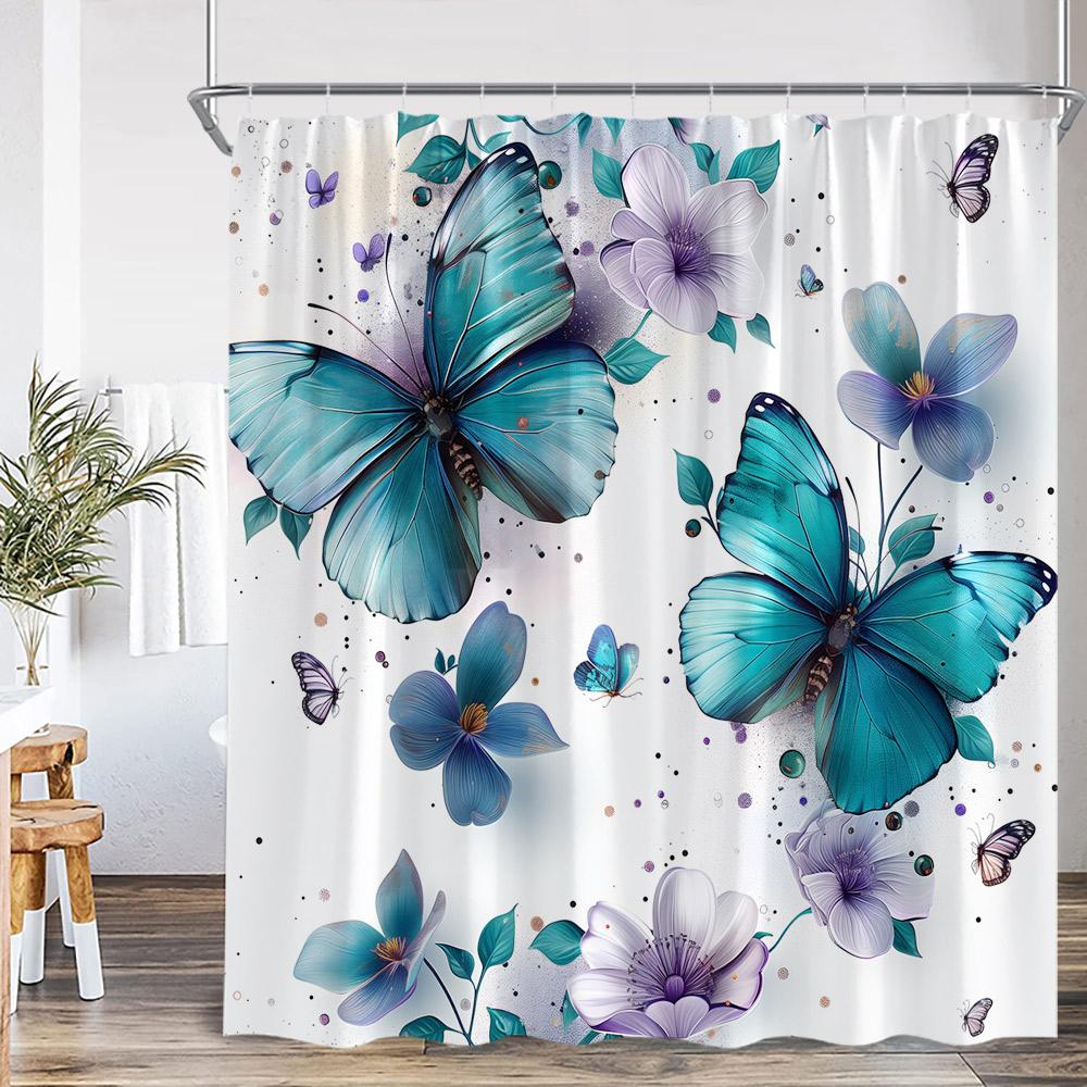 

Butterfly Floral Shower Curtain Flower Plant Pink Purple Teal Butterflies Bathroom Decor Elegant Modern Polyester Bath Curtain W60H190(CM)-1 Pcs