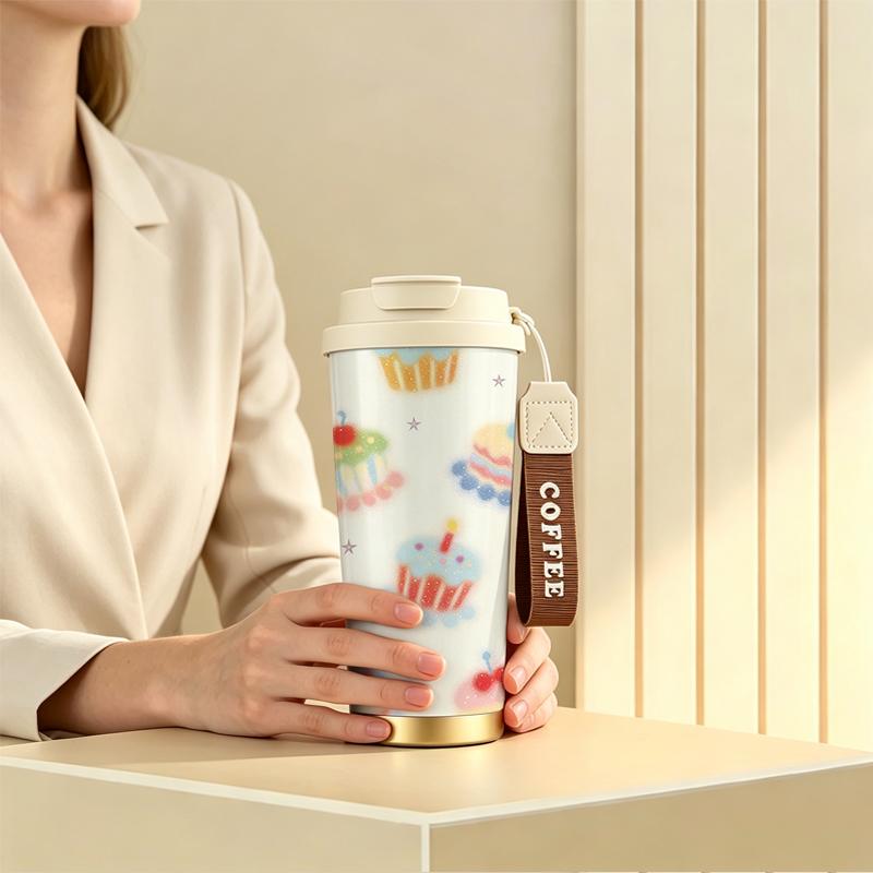 532ml Coffee Mug Cupcake Star Motif Premium Gift Water Cup Stainless Steel Coffee Thermos Commuter Coffee Cup Portable Travel Coffee Mug 532ml Coffee Mug