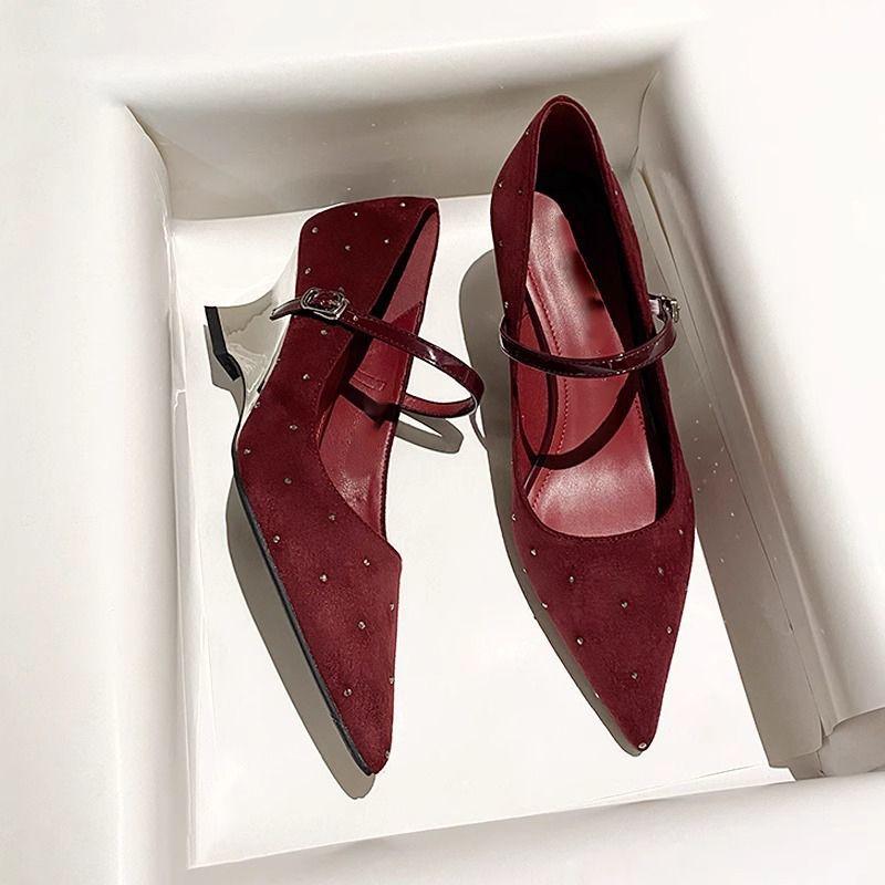 Black Suede Pointed Thick Heel Commuter High Heels Women's 2025 Spring New Year's One-word Buckle Retro Mary Jane Shoes