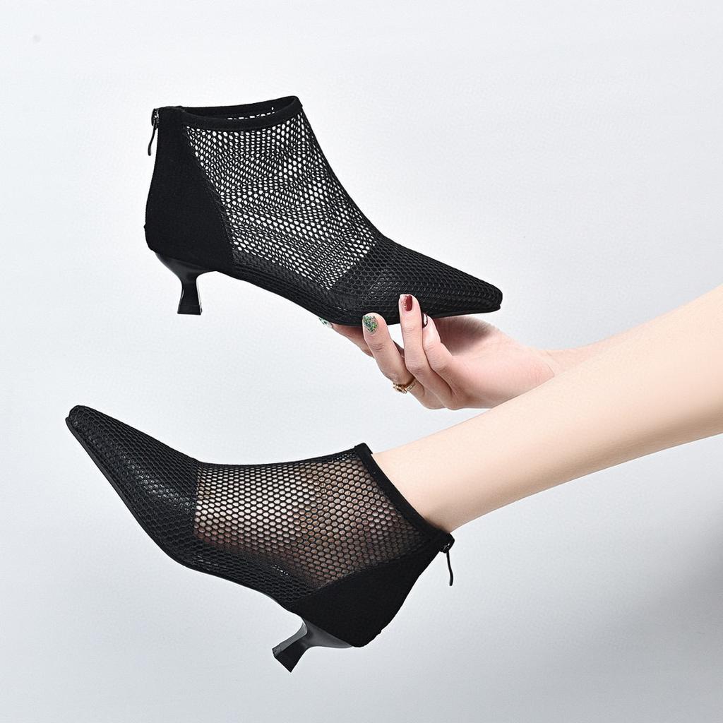 High Heels Damen 2025 Frühling neu Europäischer und Amerikanischer Stil feiner Absatz spitz zulaufend Mesh Römersandalen Netzstiefel atmungsaktive kleine Stiefel Einzelne Schuhe