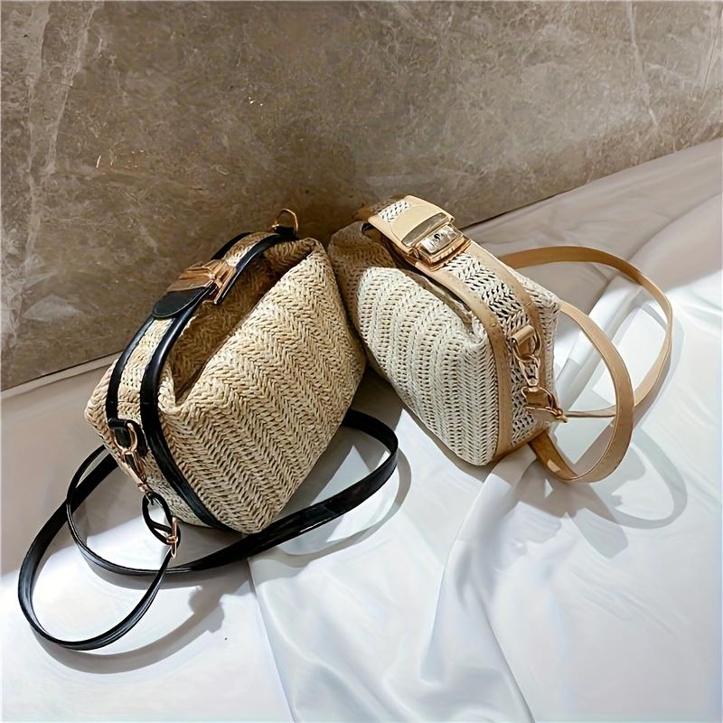 Women's Chic Woven Straw Crossbody Bag Multifunctional Shoulder Bag with Zip Closure, Beige and Brown Design, Suitable for Spring/Summer