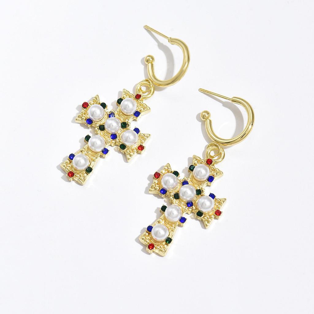 Geometric Cross Pattern Alloy Pearl Earrings For Women Summer Jewelry Gift