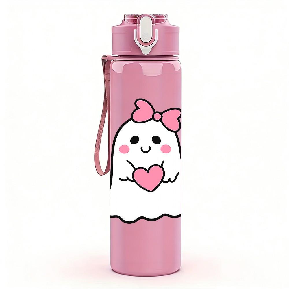 1PC Small Cute Ghost Cartoon Print 750ml Color Plastic Sports Water Bottle Leakproof Flip Straw Lid Suitable for Sports Office Home Use