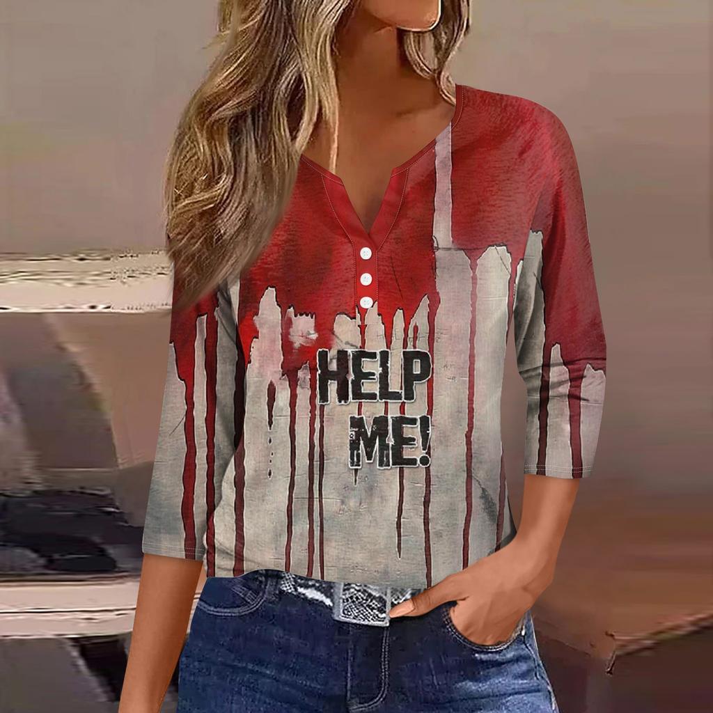 Damesmode Casual Halloween Print V-hals Korte Mouw Decoratieve Knop Driekwart Mouw T-shirt Top