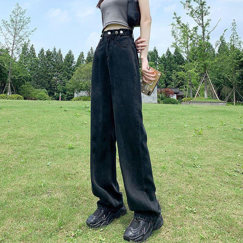 Women's High Waist Wide Leg Pants Loose Fit Adjustable Button Straight Denim Jeans