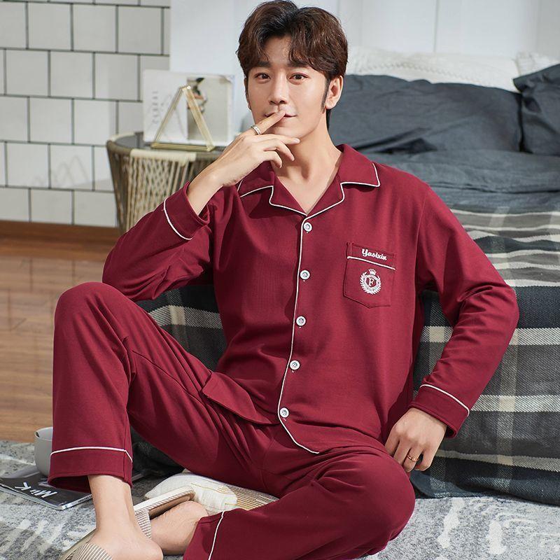 Men's 100% Cotton Long-Sleeve Pajama Set, Plus Size, Cardigan Style for Spring, Autumn, and Summer.
