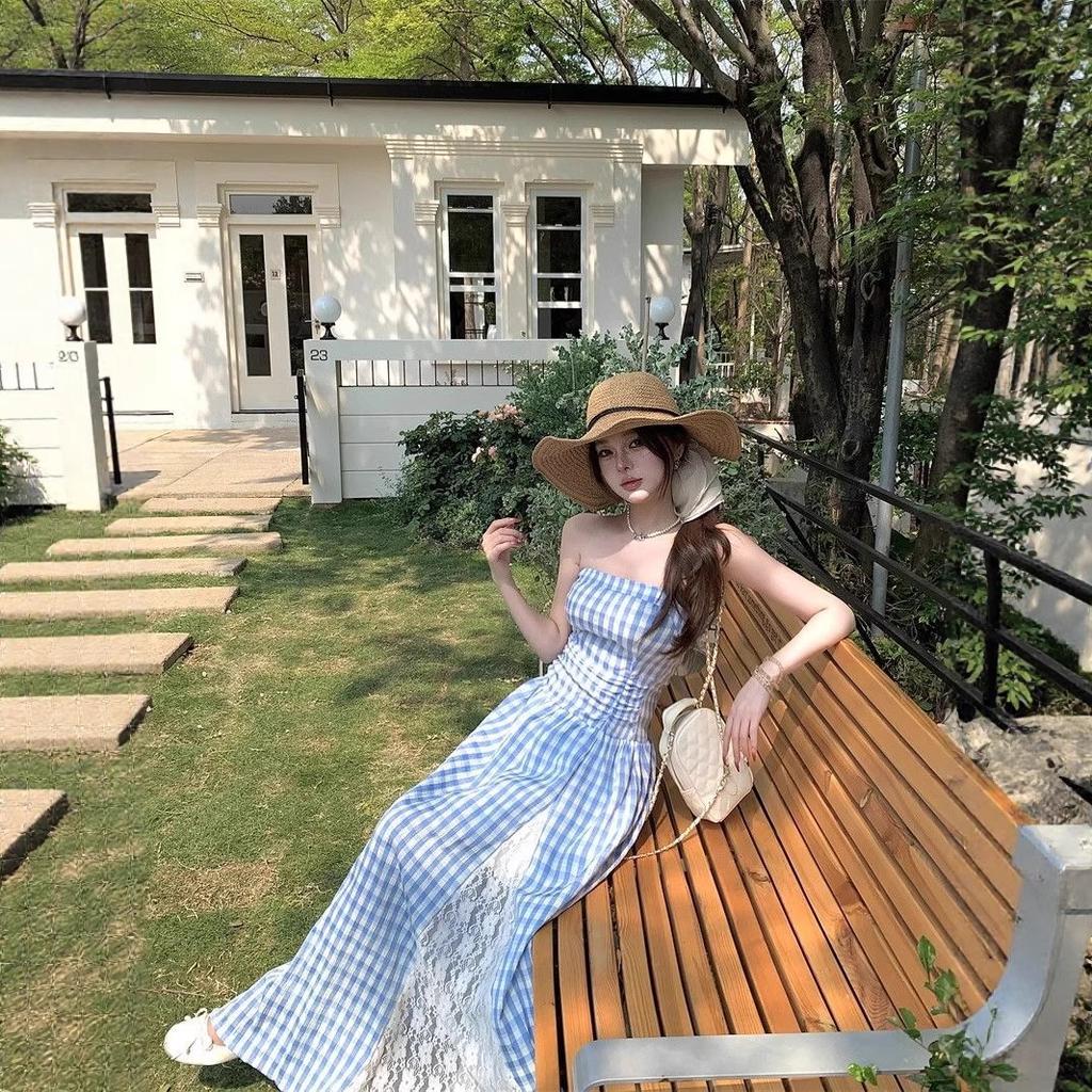Blue Plaid Lace Suspender Dress Women's Summer Dopamine Bright Wear Seaside Vacation Beach Sunset Dress