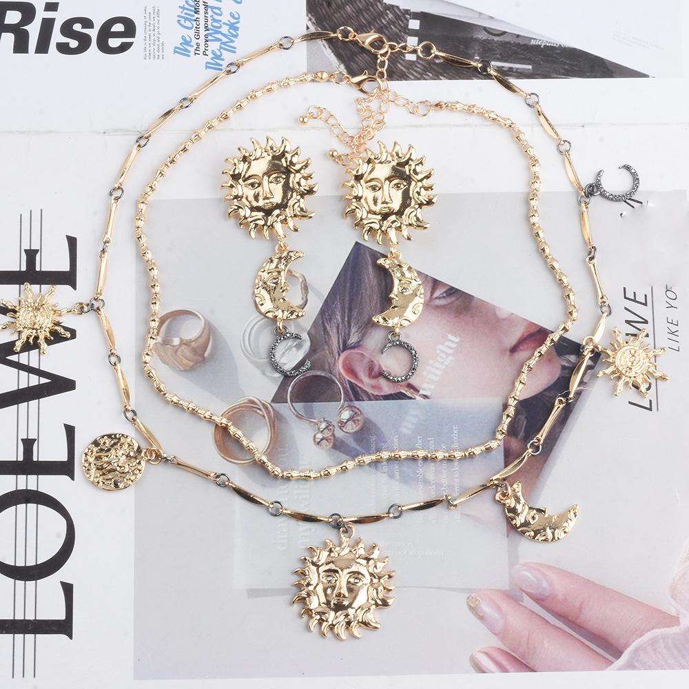 Multi-layer Necklace Fashionable Retro Light Luxury Multi-accessory Jewelry Sun Moon Earrings Necklace