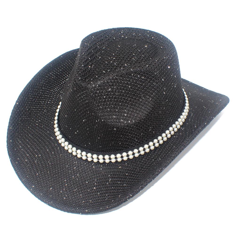 Spring and Summer Fashion Pearl Decorative Straw Cowboy Hat Elegant Big Eaves Curved Eaves Sun Hat Seaside Vacation Straw Hat