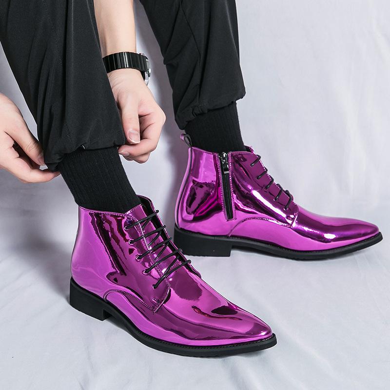 

Men s shoes autumn new high-top pointed men s boots fashion trend Martin boots personalized side zipper glossy patent leather boots 47 (large size 2 yuan)