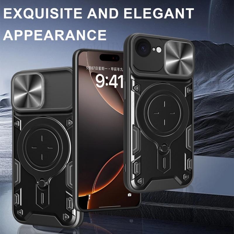 Phone Case For iPhone 16e SE4 2025 Push Window Armor Magnetic Kickstand Tough Case For Apple 14 13 15 Pro Max 16 Plus Alloy Ring Holder Stand PC Cover