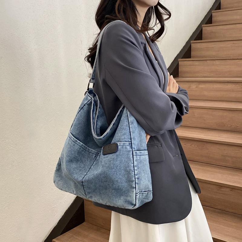 Vintage Denim Shoulder Bag Women's Large Capacity Messenger Bag Multi-pockets Satchel Adjustable Strap Ladies Crossbody Bag AVE