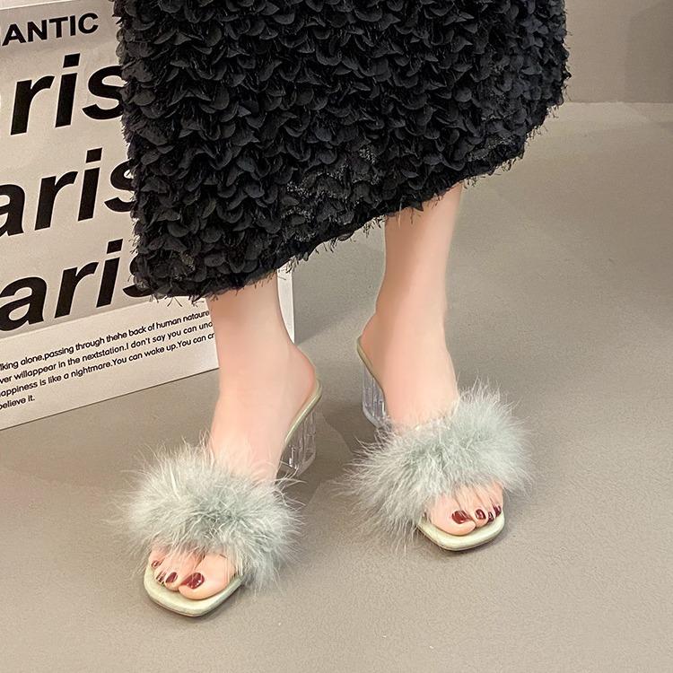 Mao Mao slippers women's summer outer wear New Year's thick heel one-word drag crystal high heel cool slippers