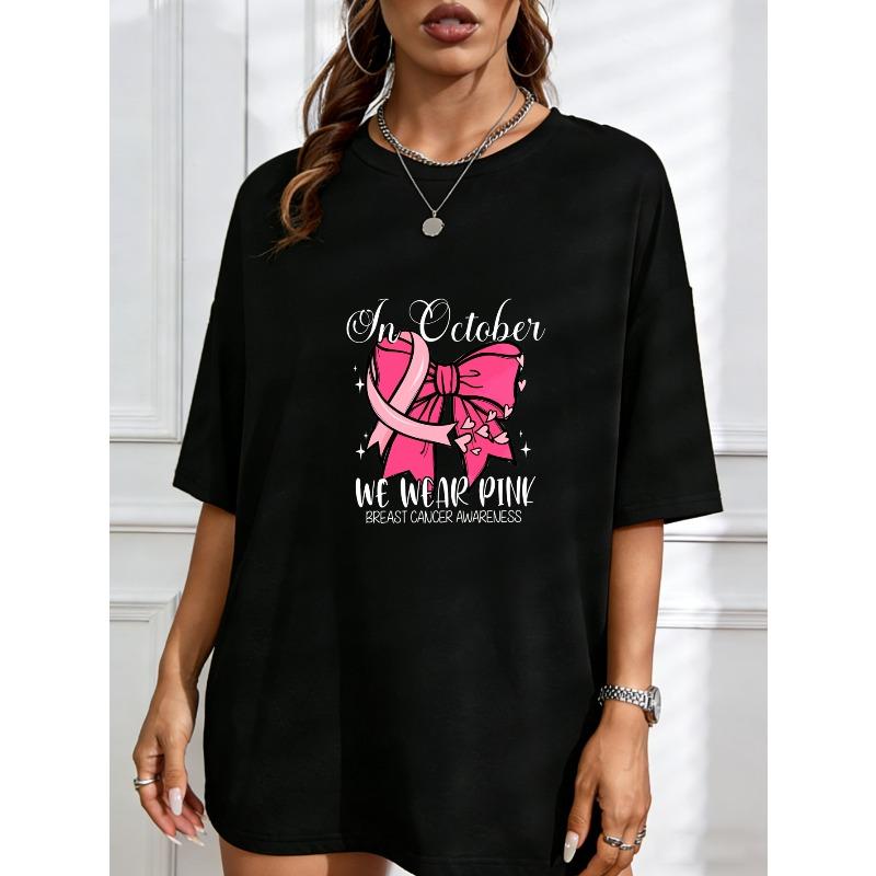 

Crew Neck T Shirt White Pink Bow With Ribbon Print Casual Wear For Women XXXXL чорний