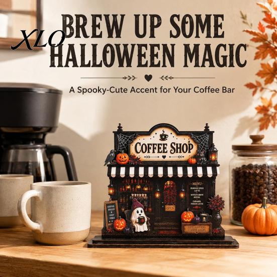 Autumn Seasonal Home Decor Wooden Halloween Coffee Bar Sign, Fall Harvest Tabletop Plaque with Pumpkin Accessories for Ghost Cat, Retro Shop Ornament