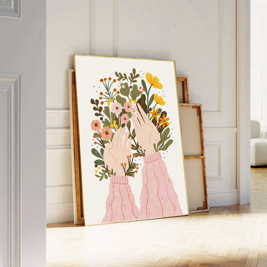 Boho Fashion Girl Flowers Leaves Illustration Wall Art Canvas Painting Nordic Poster And Prints Pictures For Living Room Decor