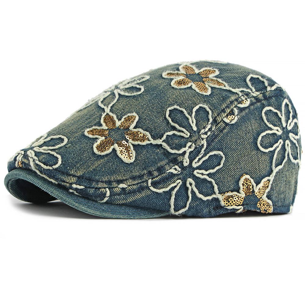 

HT5070 Mens Berets Women Vintage Artist Painter Beret Hat Male Female Cotton Ivy Flat Cap Stylish Sequin Flowers Denim Beret Cap 56-57cm one size темно-синього кольору