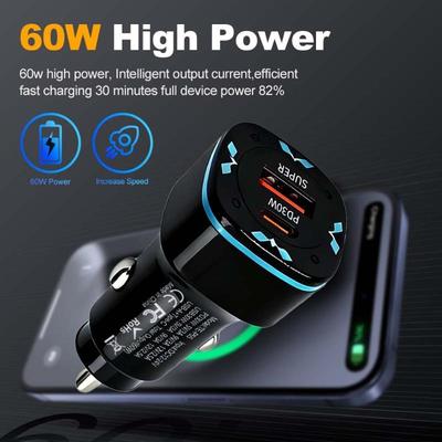 Car Charger 60W Usb C Fast Charger Pd30W Qc3.0 Adapter Dual Port Quick Charge Cigarette Lighter Kit For Mobile Phones Tablets