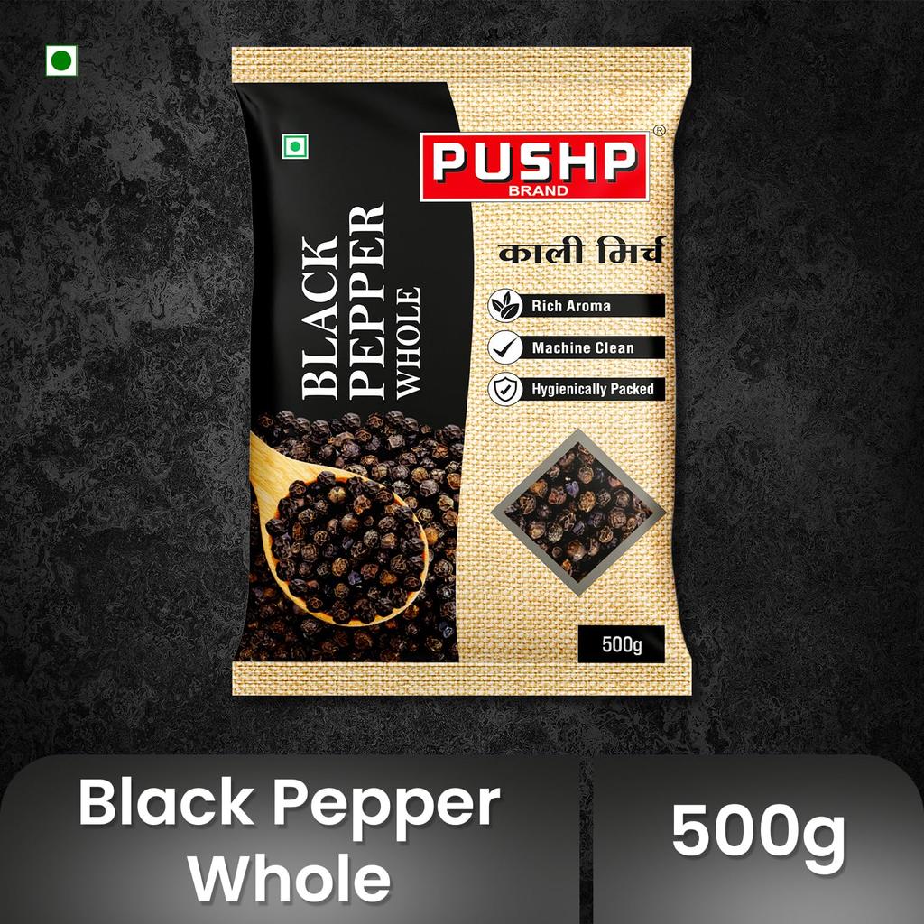 Pushp Brand Whole Black Pepper 500g Pack Of 1 Natural Kali Mirch Premium Aromatic Spice For Daily Kitchen Cooking Use