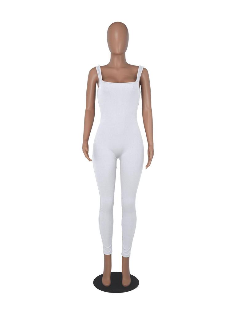 Ribbed Square Neck Sleeveless Bodysuit - Women's Solid Color Backless Slimming Sport Jumpsuit In Stock