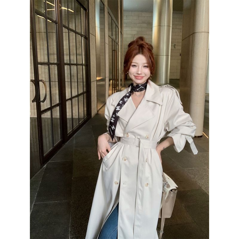 

Kumikumi High Sense Creamy-white Lapel Strap Trench coat Outerwear Women clothes Autumn Elegant All-Match Loose Top Beige L