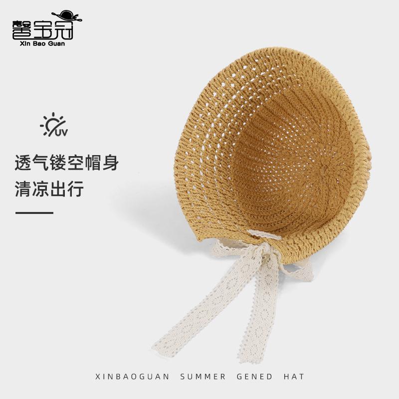 Spring and summer breathable hollow knitted visor casual versatile sunscreen hat women's lace streamer bucket hat