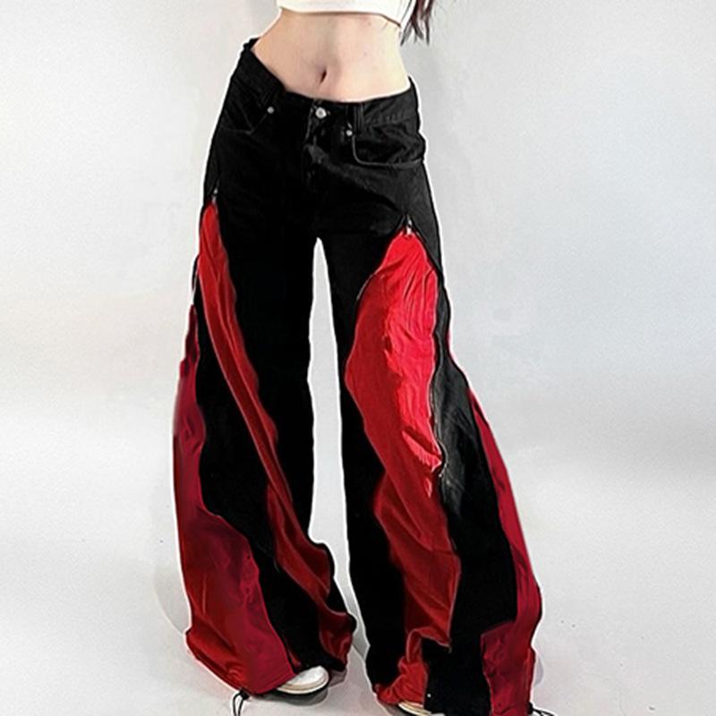 

European-American Style Color-Block Wide-Leg Cargo Jeans Small
