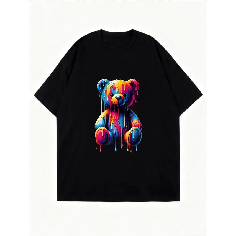 White Oversized T Shirt With Colorful Dripping Paint Bear Print For Casual Wear