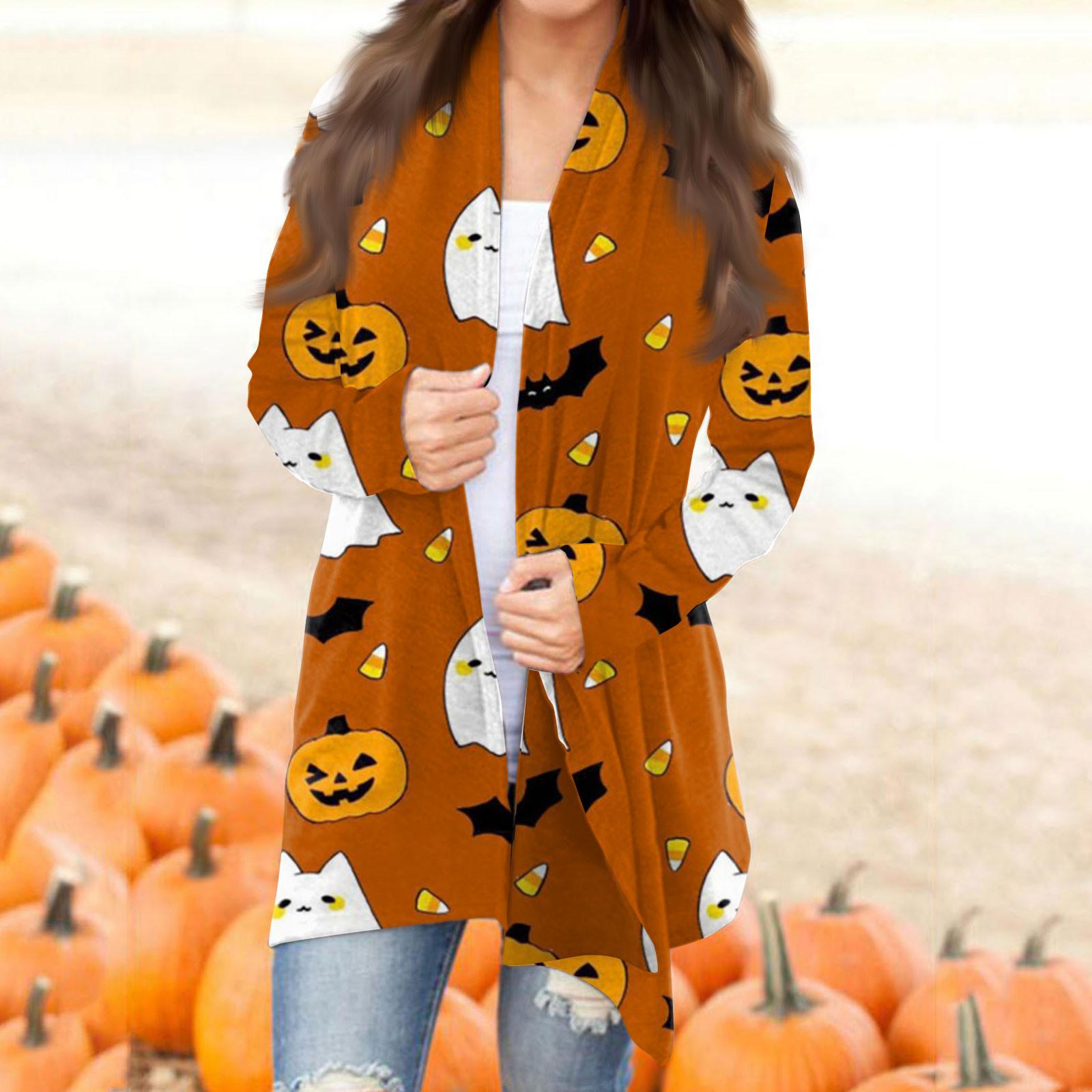 

Женская модная повседневная куртка-кардиган средней длины с длинным рукавом и принтом на Хэллоуин XXXL оранжевый