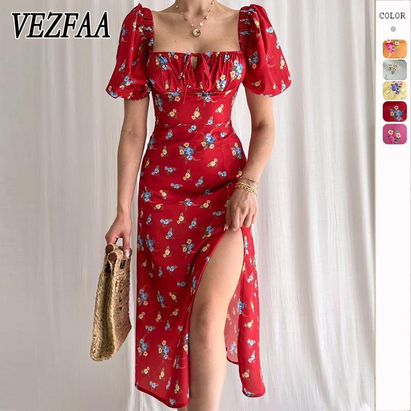 

VEZFAA женские модные летние весенние повседневные платья с цветочным узором и коротким рукавом с квадратным воротником и высокой талией