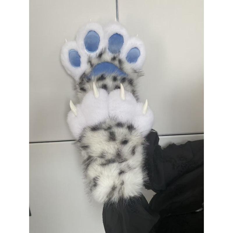 Leopard Print Plush Animal Paw Gloves Synthetic Fur Style Fursuit Hand Paws Cosplay Costume for Halloween Party