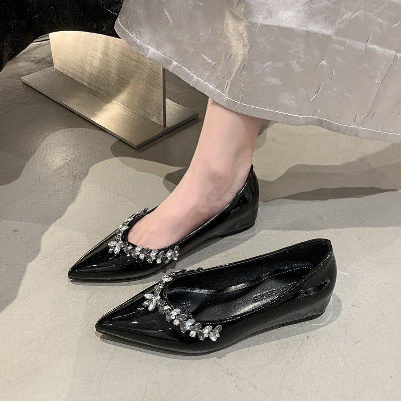 Inner Height Increase, Shallow Mouth Patent Leather Flat Bottom Summer Rhinestone Single Shoes Women'S Evening Shoes Soft Sole French Gentle Temper
